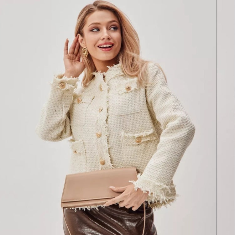 Cream textured jacket with fringed edges