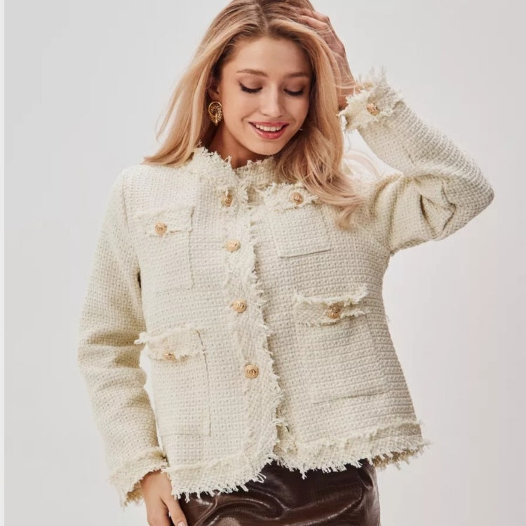 Cream textured jacket with fringed edges