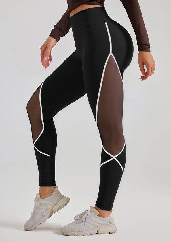 Black leggings with white accents and mesh details