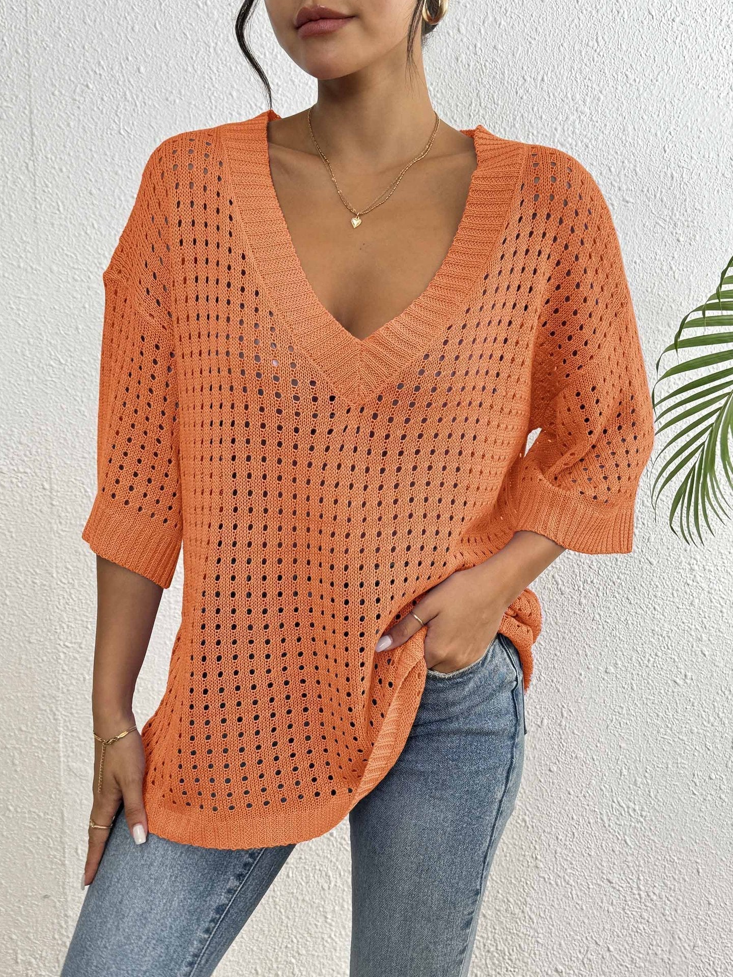 Blus ihålig vävd V-ringning