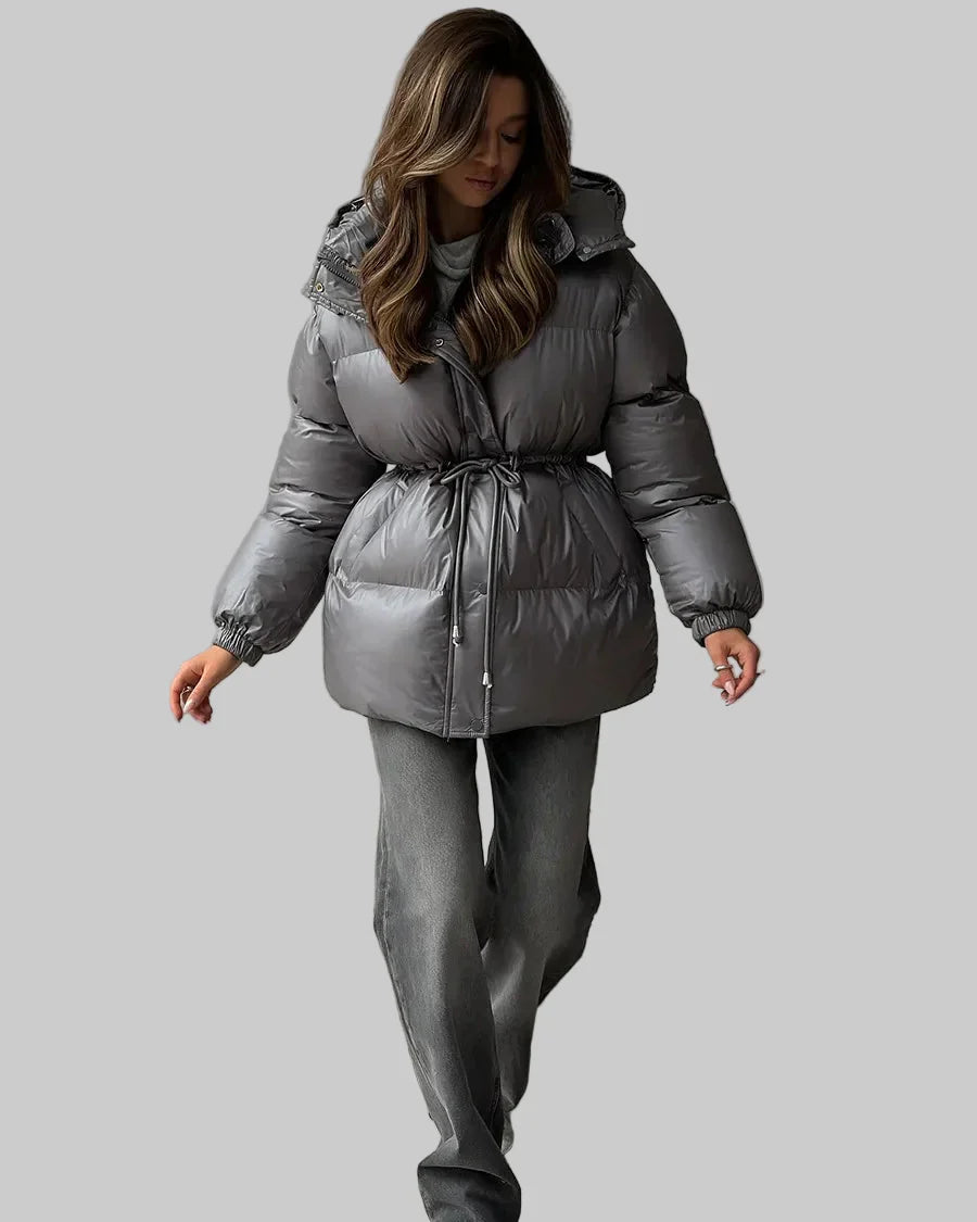 Shiny puffer jacket with hood and drawstring waist