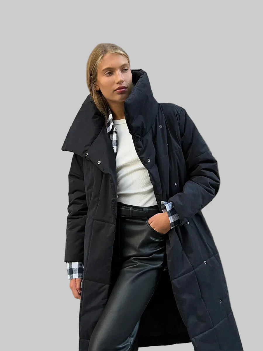 Long wrap puffer coat with belt and large shawl collar