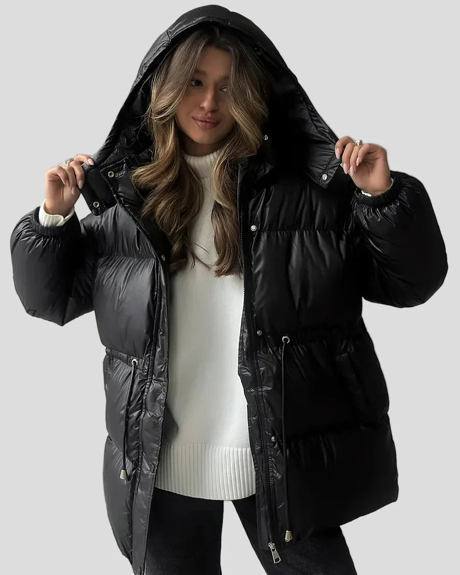 Shiny puffer jacket with hood and drawstring waist