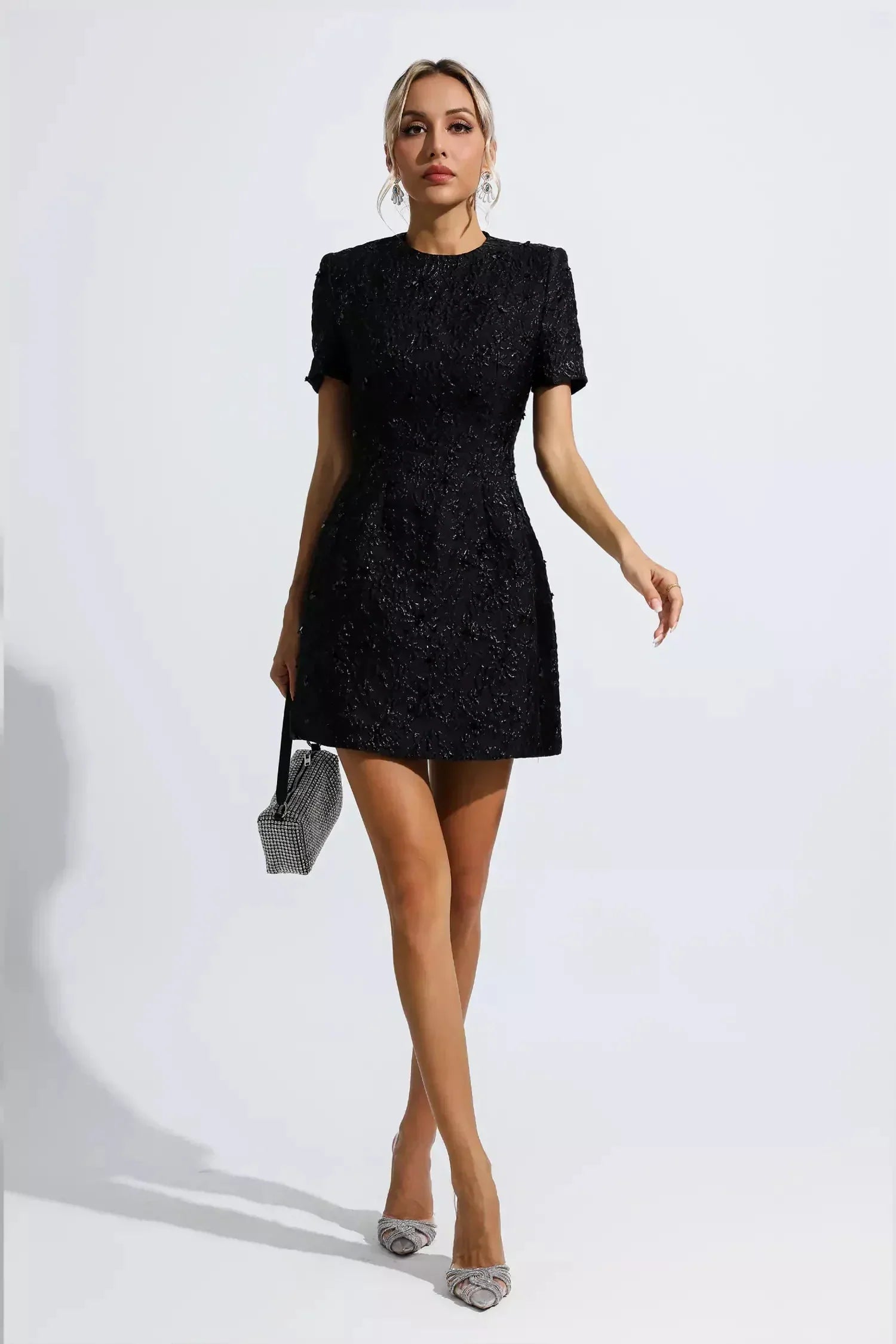 Black textured short sleeve mini dress