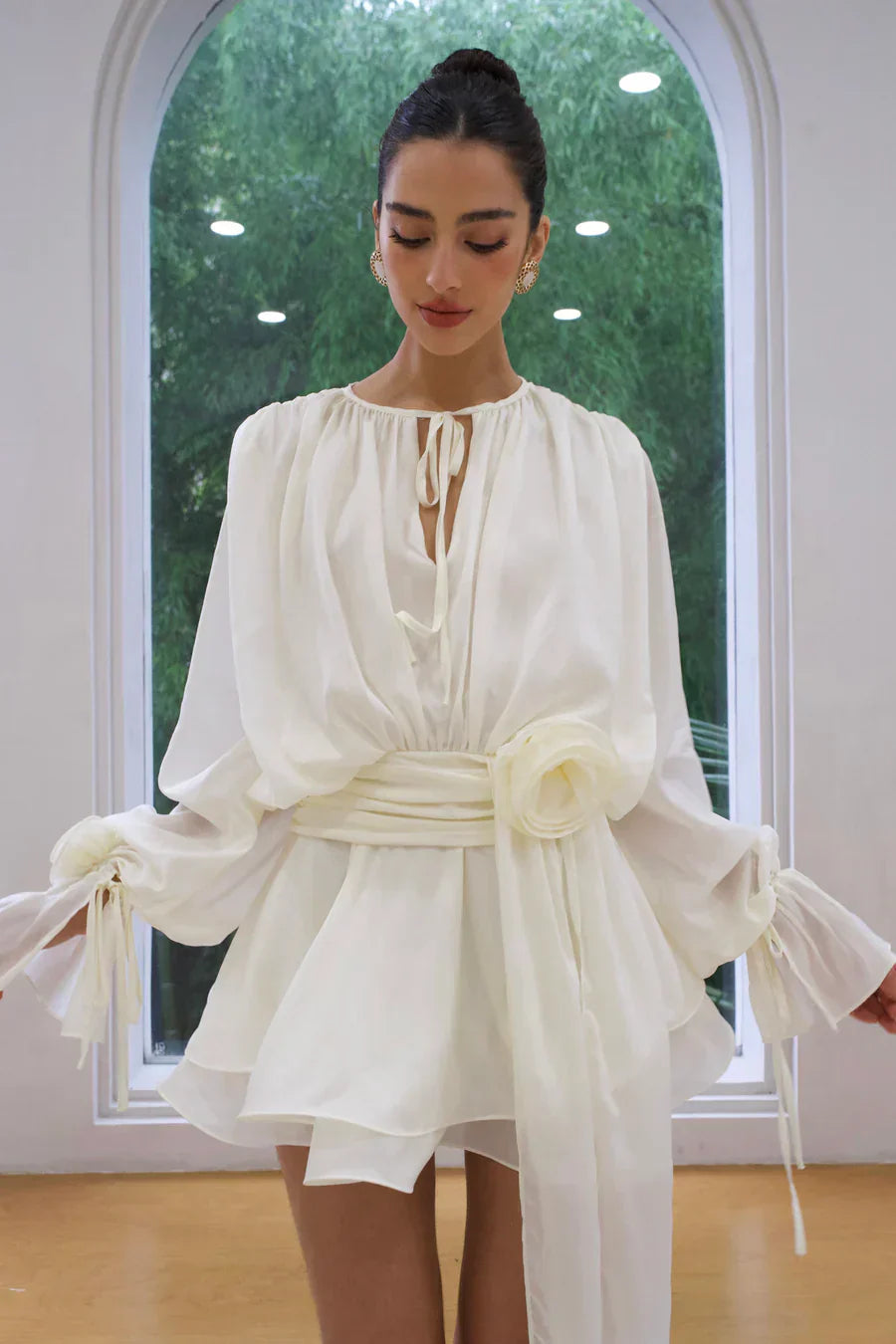 White kimono dress with bow detail