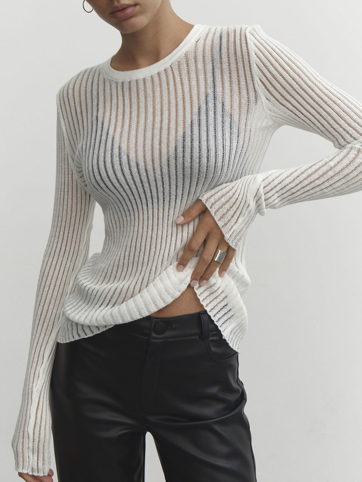 Sheer ribbed long sleeve top