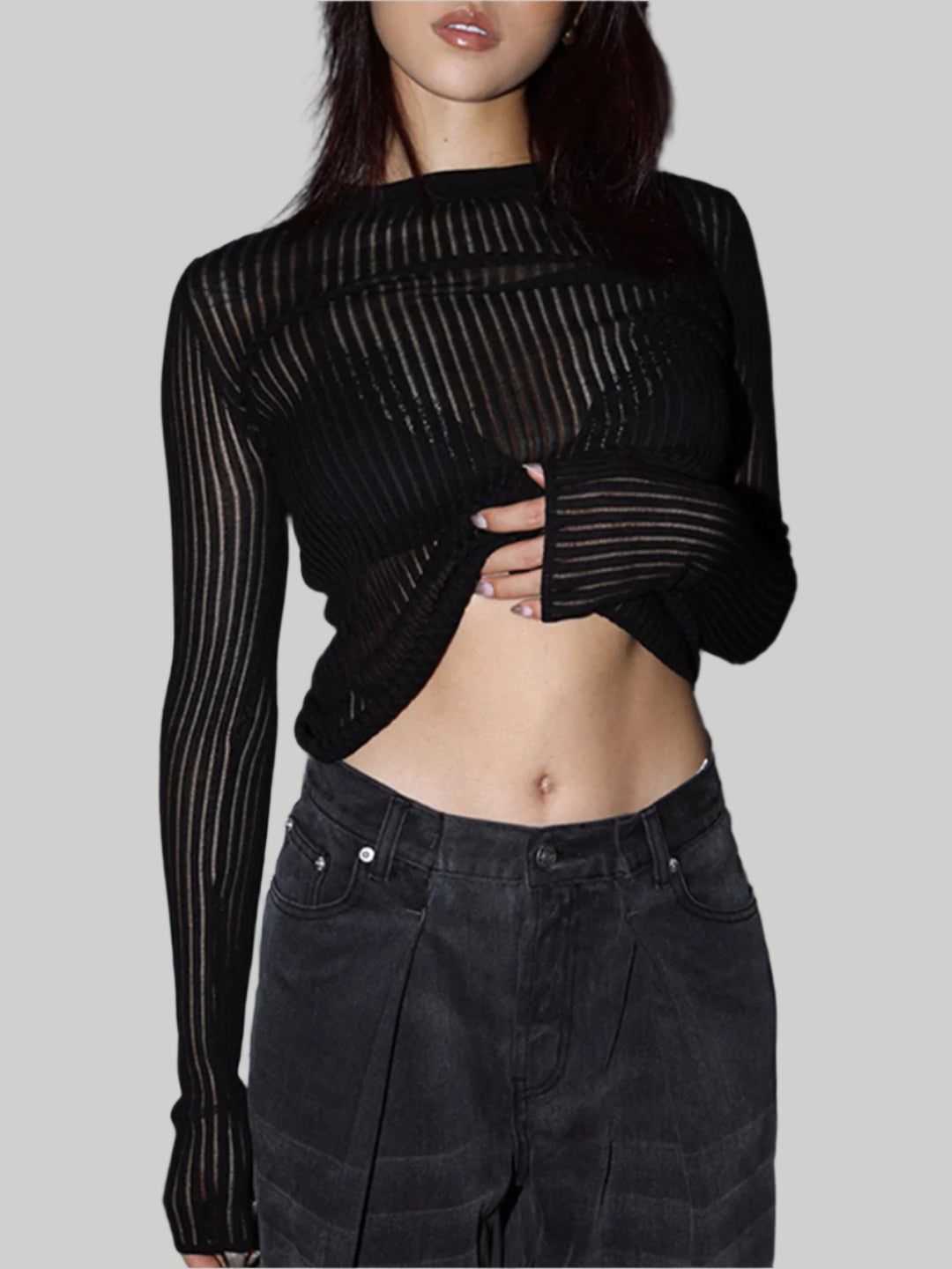 Sheer ribbed long sleeve top