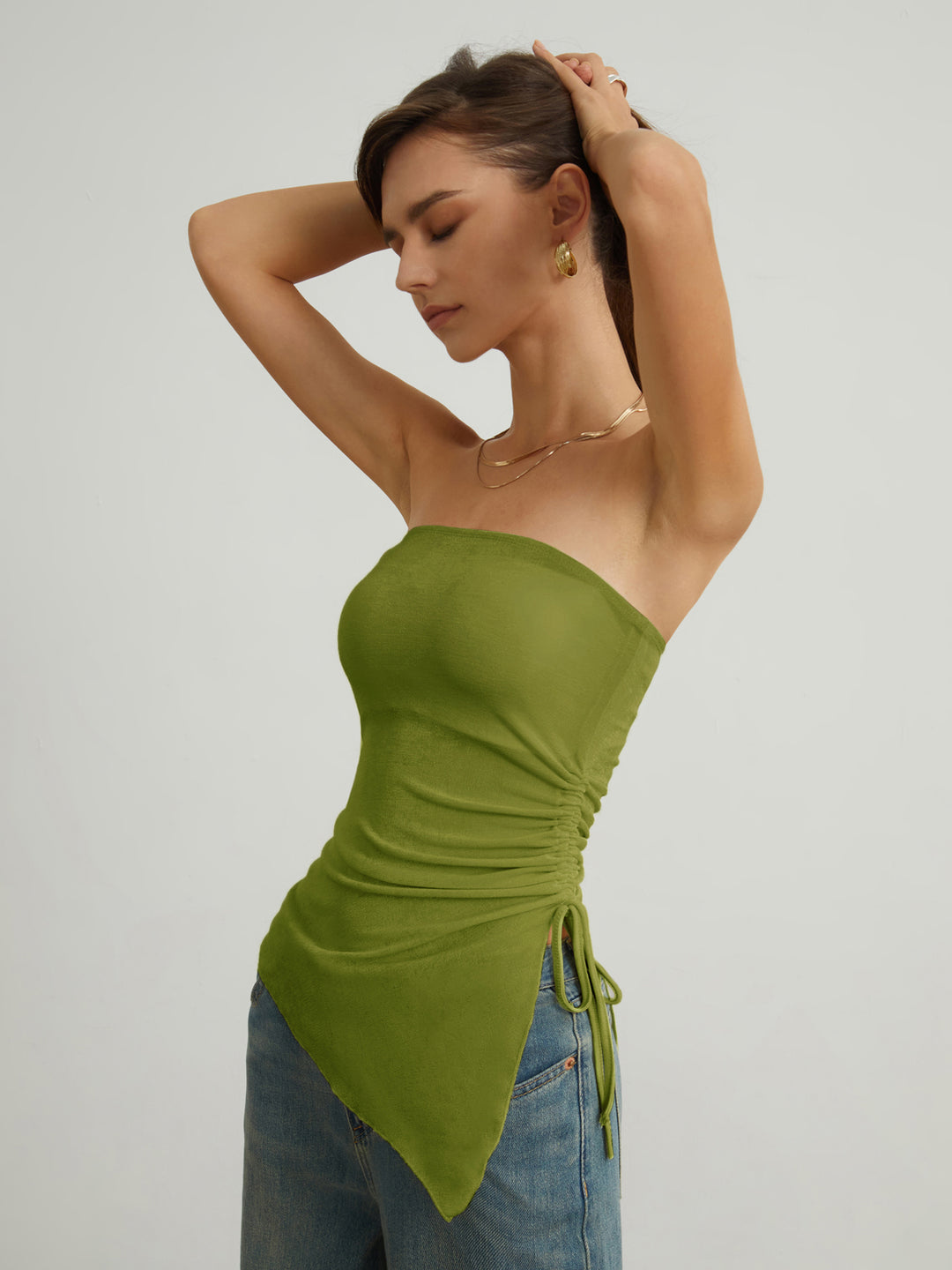 Strapless asymmetrical top with ruffle details