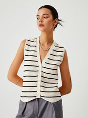 White and black striped knit cardigan with buttons