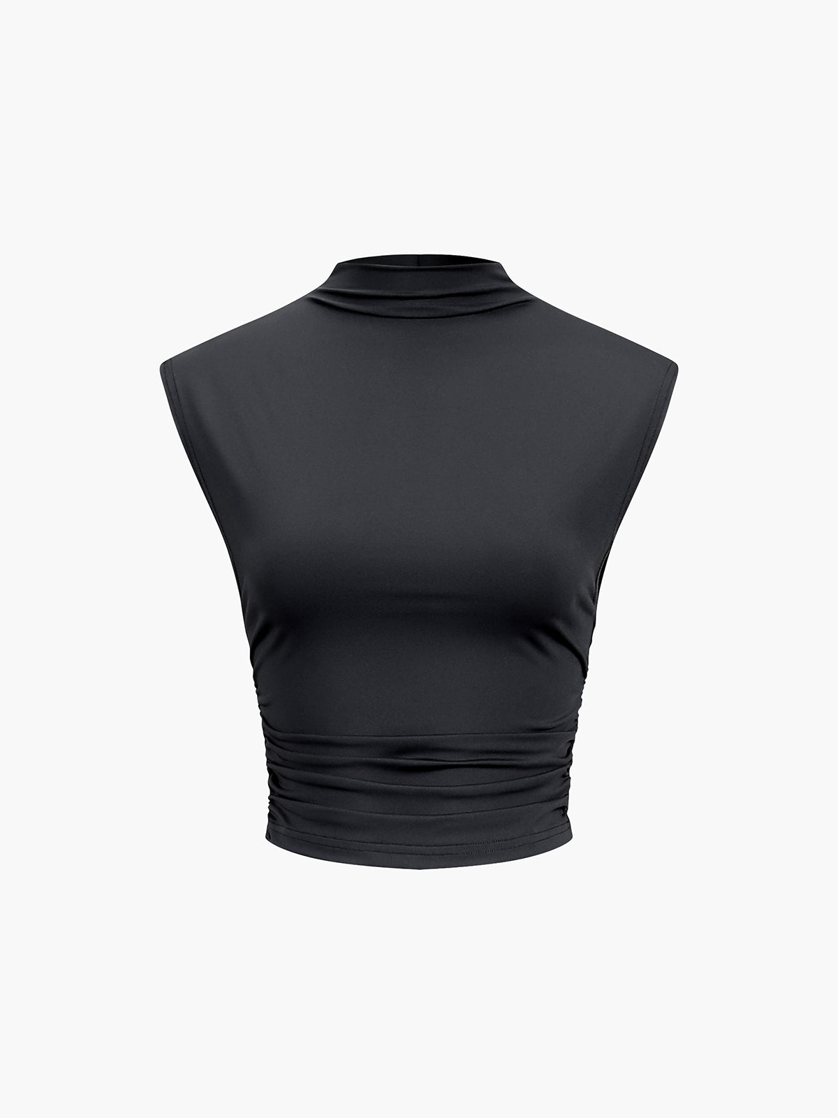Black sleeveless crop top with high neck and pleated waist
