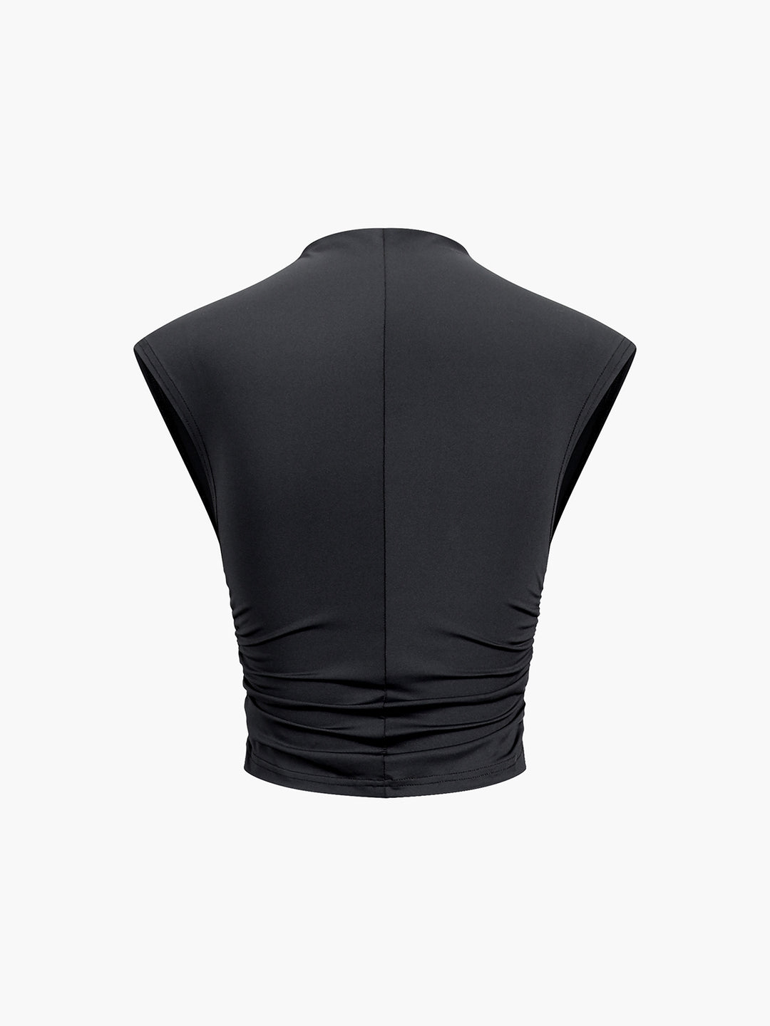 Black sleeveless crop top with high neck and pleated waist