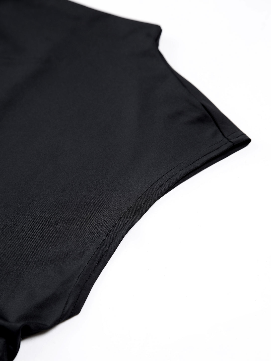 Black sleeveless crop top with high neck and pleated waist