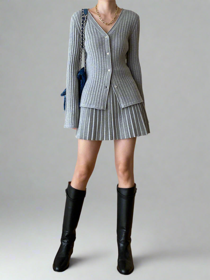 Ribbed cardigan and pleated dress set