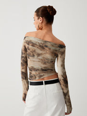 Brown tie-dye off-the-shoulder long-sleeved top