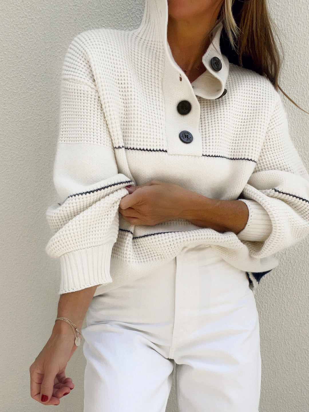Striped button-down collar sweater