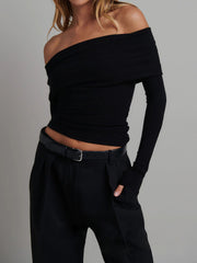 Ribbed Off-the-shoulder Long-sleeved Top