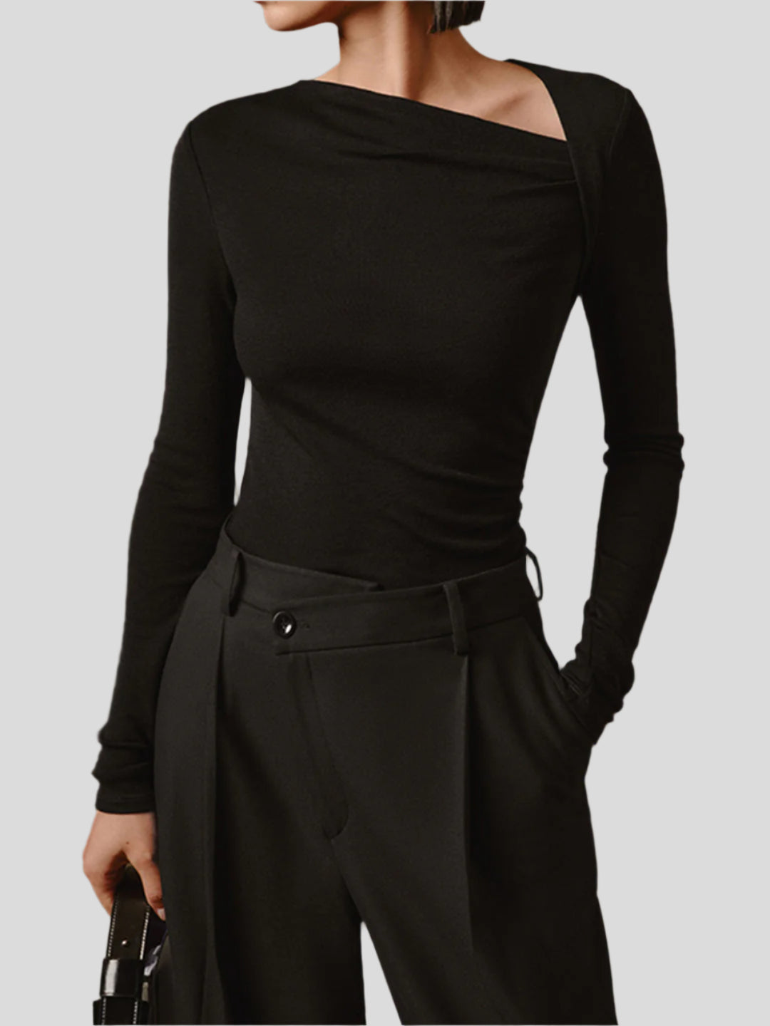 Seamless top with long sleeves and asymmetrical neckline
