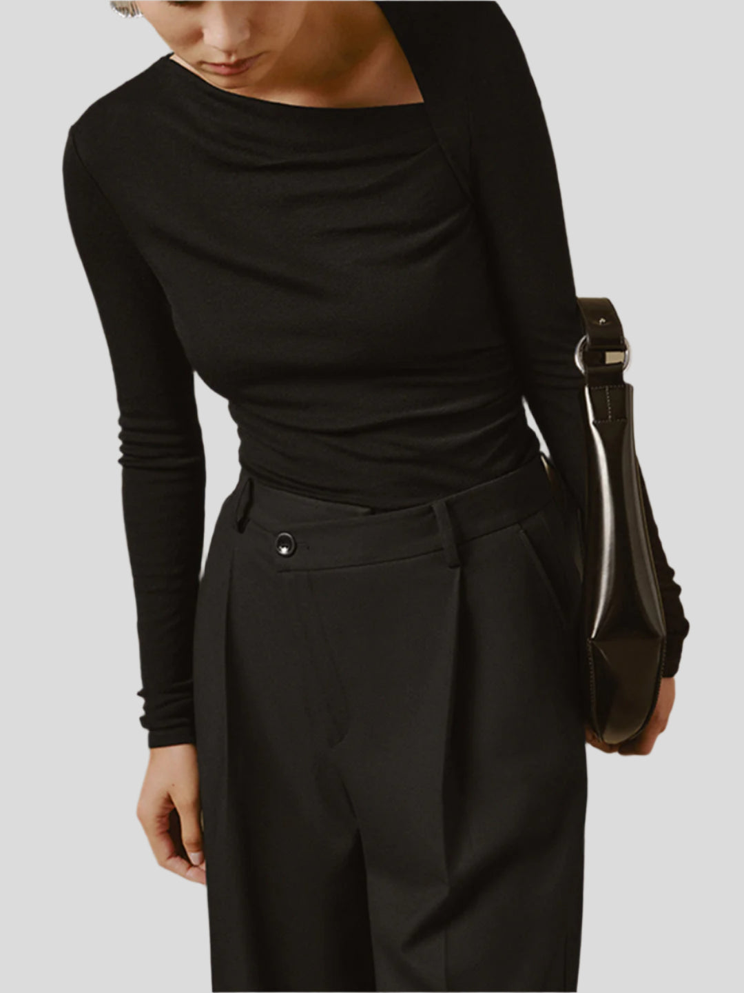 Seamless top with long sleeves and asymmetrical neckline