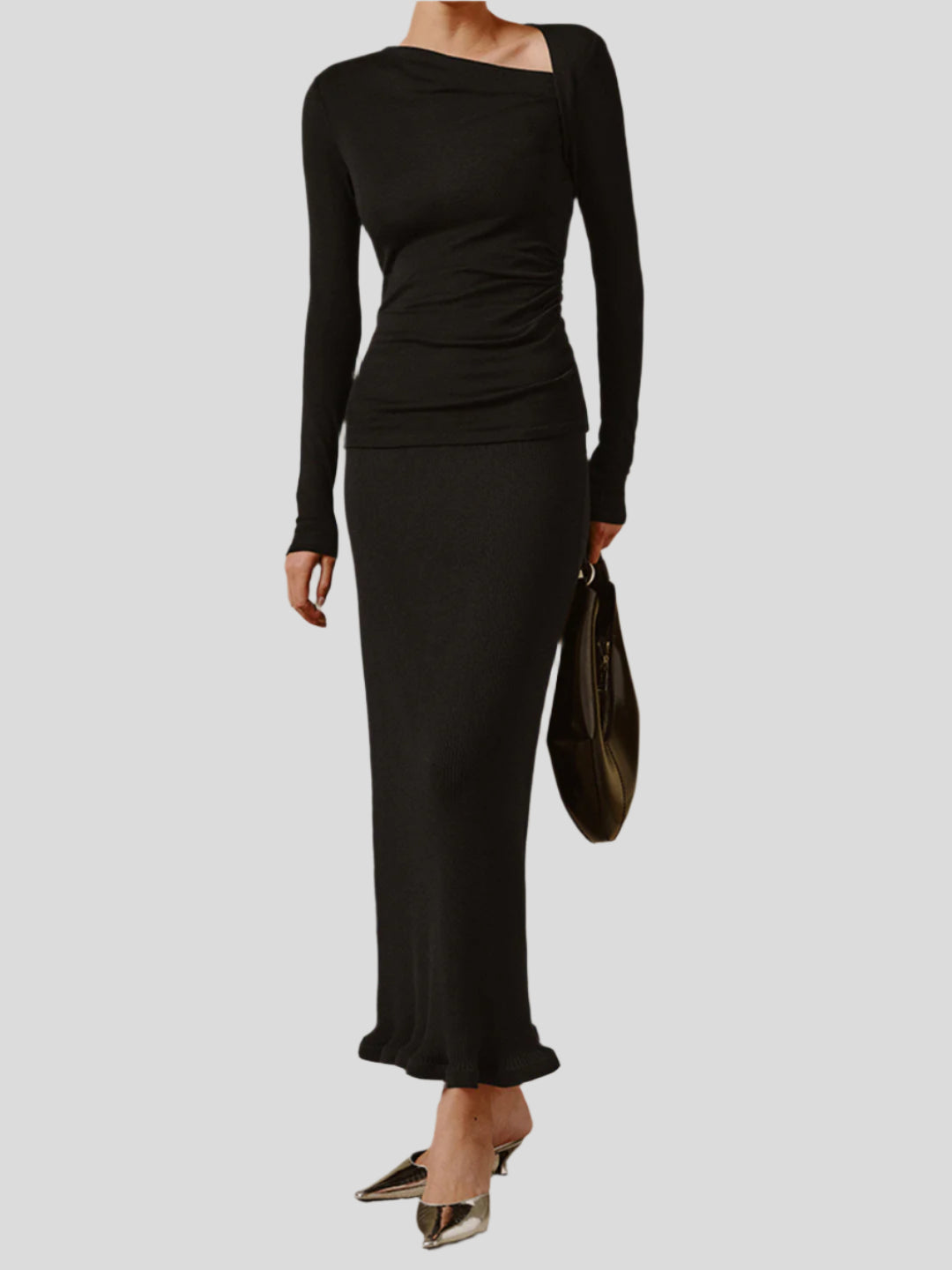 Seamless top with long sleeves and asymmetrical neckline