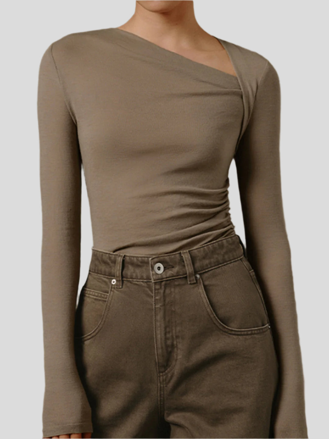 Seamless top with long sleeves and asymmetrical neckline
