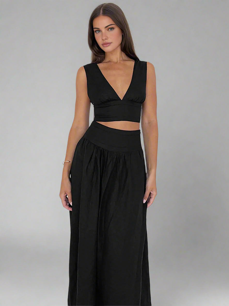 Deep V-neck top and long skirt set