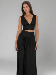 Deep V-neck top and long skirt set