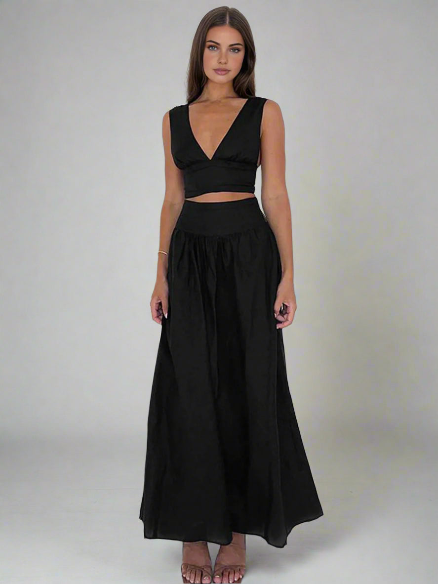 Deep V-neck top and long skirt set