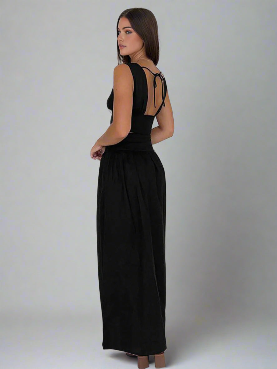 Deep V-neck top and long skirt set