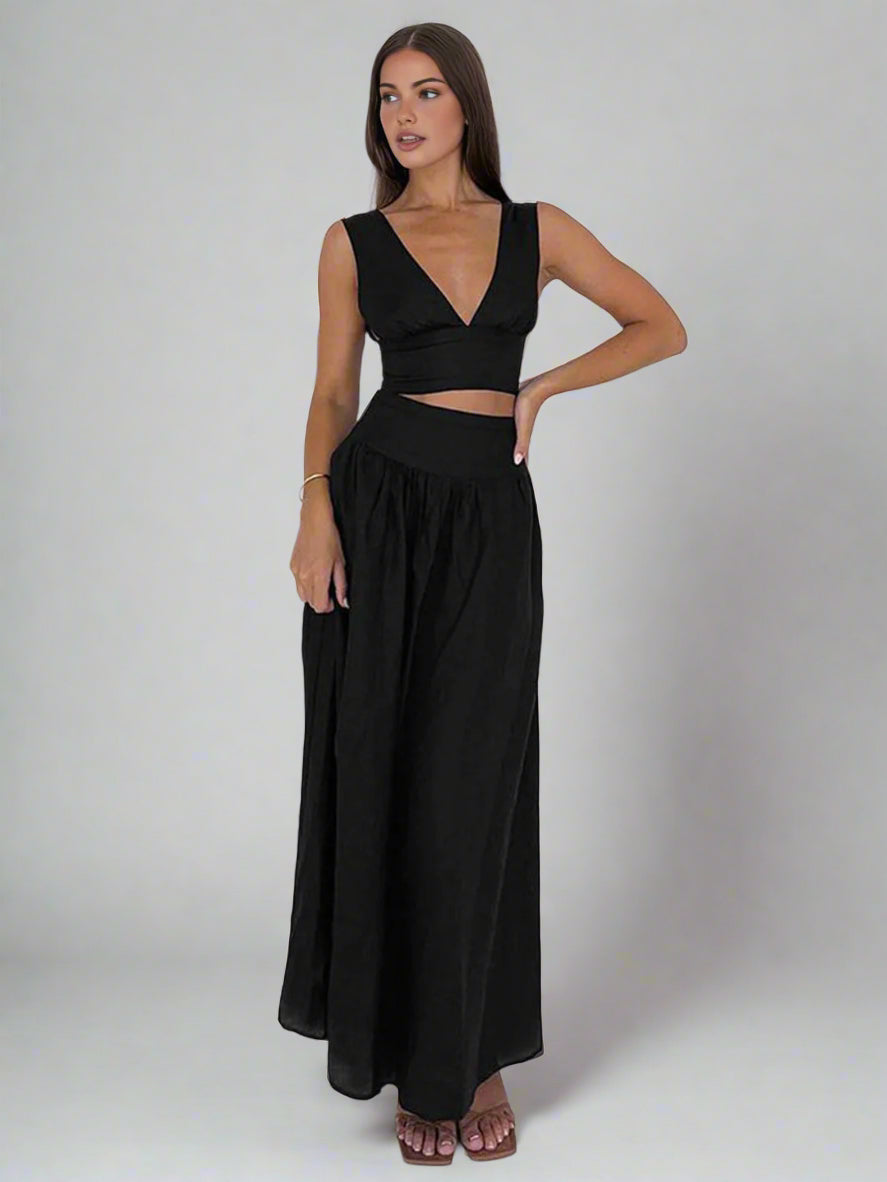Deep V-neck top and long skirt set