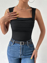 Black ribbed top with draped square neckline