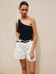 Black top with one shoulder and white trim