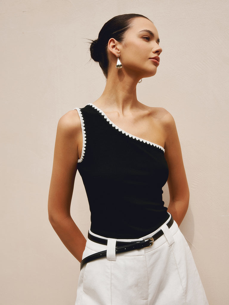 Black top with one shoulder and white trim