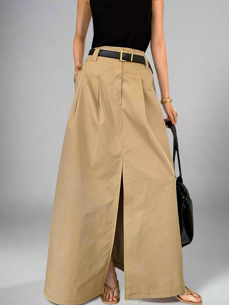 Pleated maxi skirt with front slit