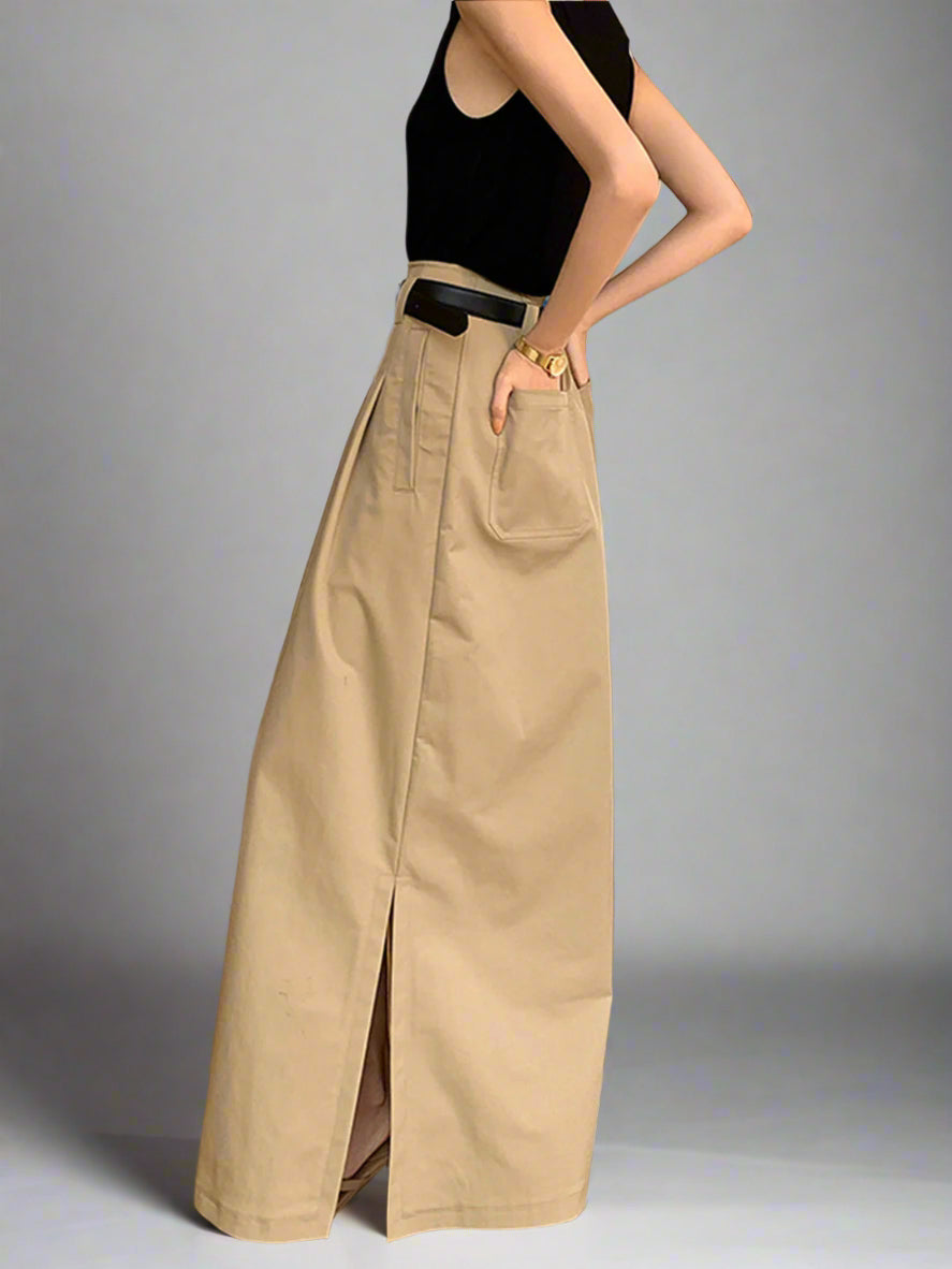 Pleated maxi skirt with front slit