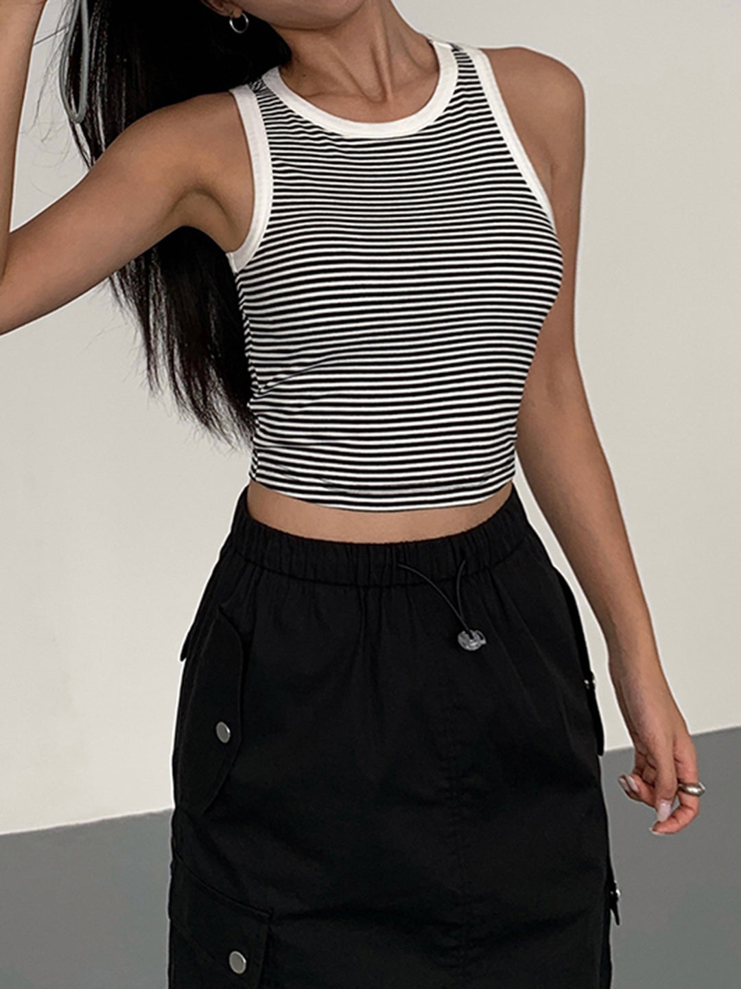 Black and white striped cropped tank top