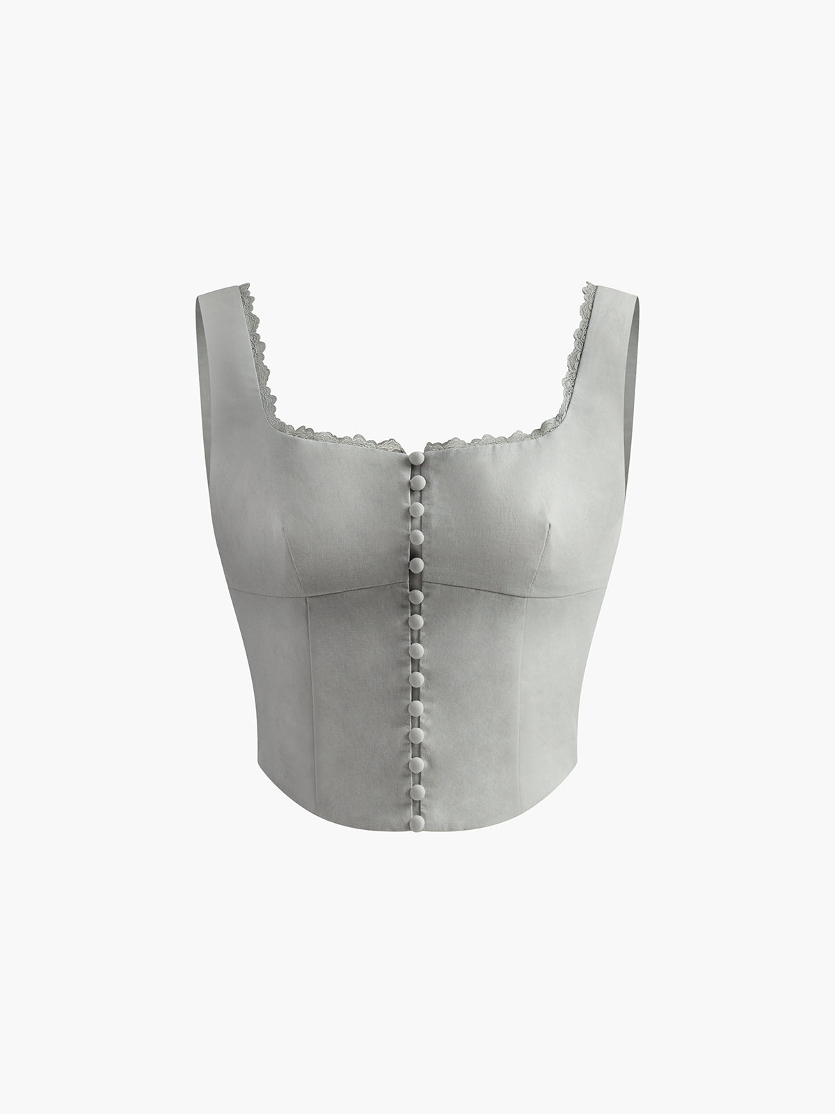 White corset top with button details and lace trim