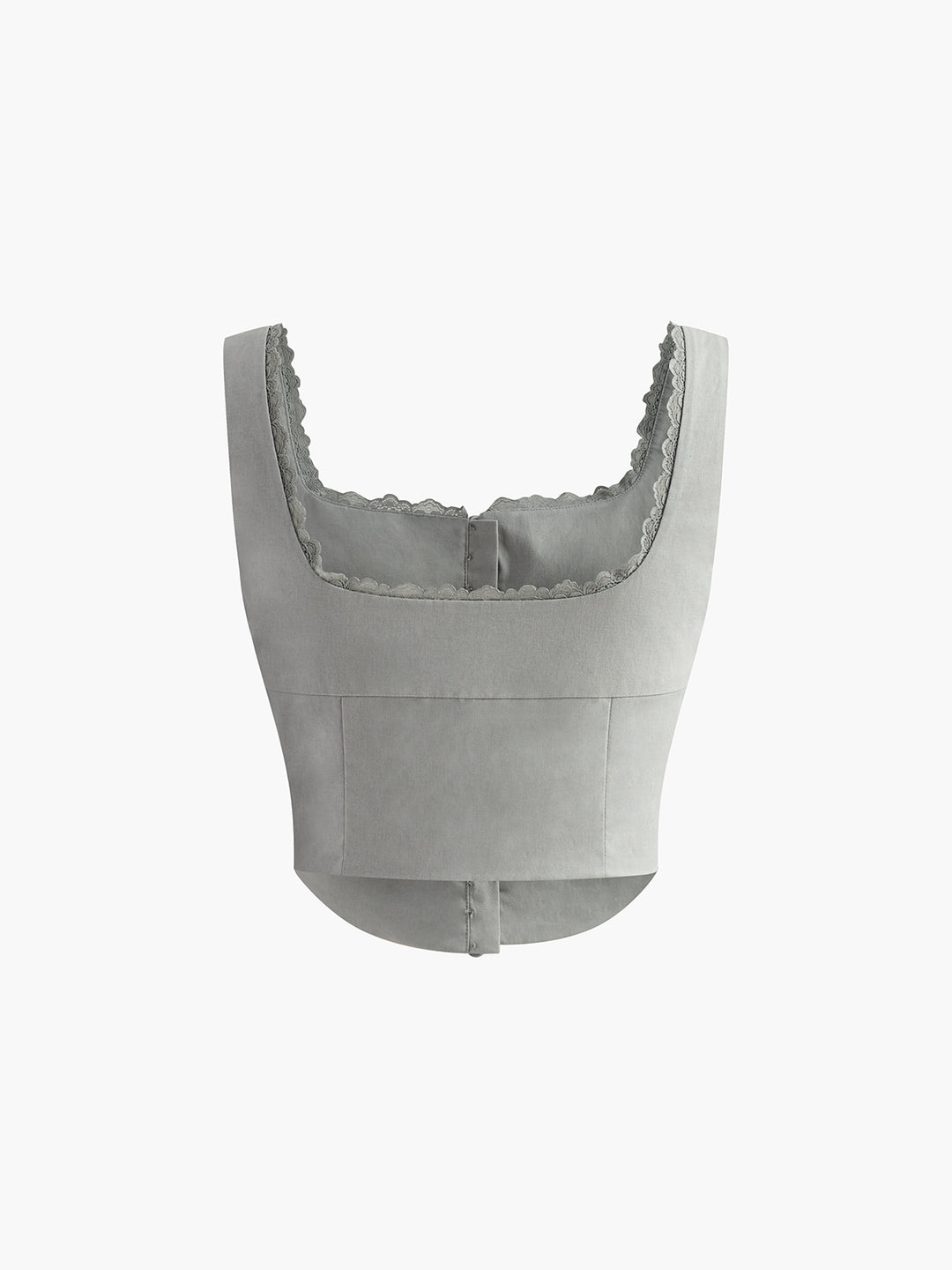 White corset top with button details and lace trim