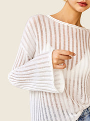White sheer ribbed long sleeve top