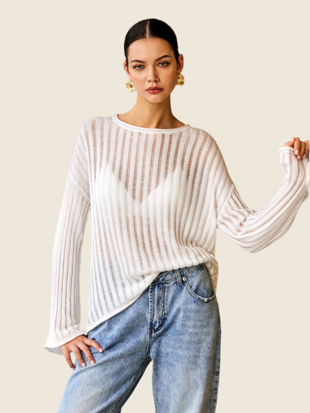 White sheer ribbed long sleeve top