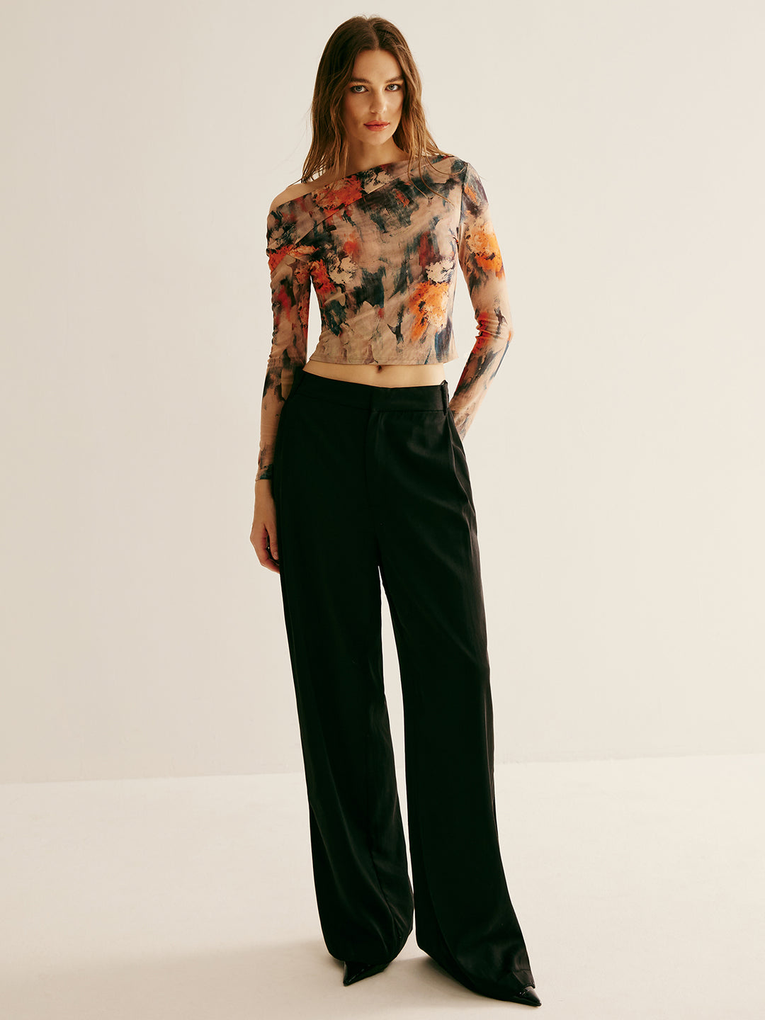 Off-the-shoulder abstract pattern mesh top