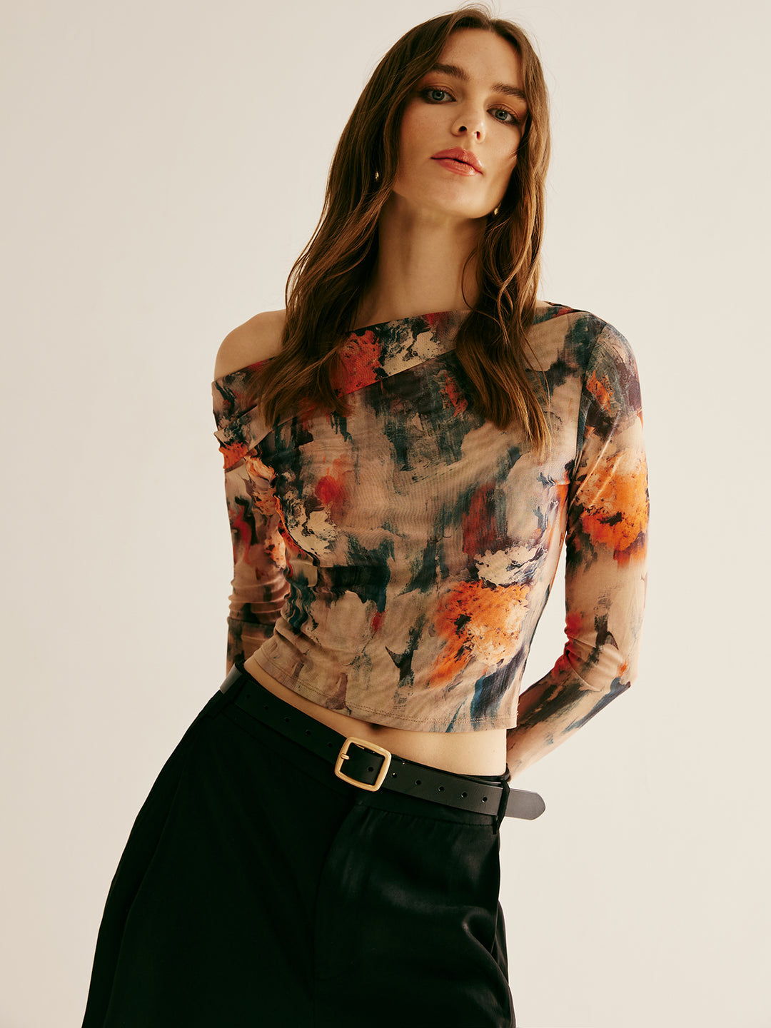 Off-the-shoulder abstract pattern mesh top