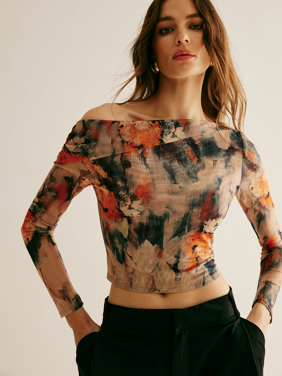 Off-the-shoulder abstract pattern mesh top