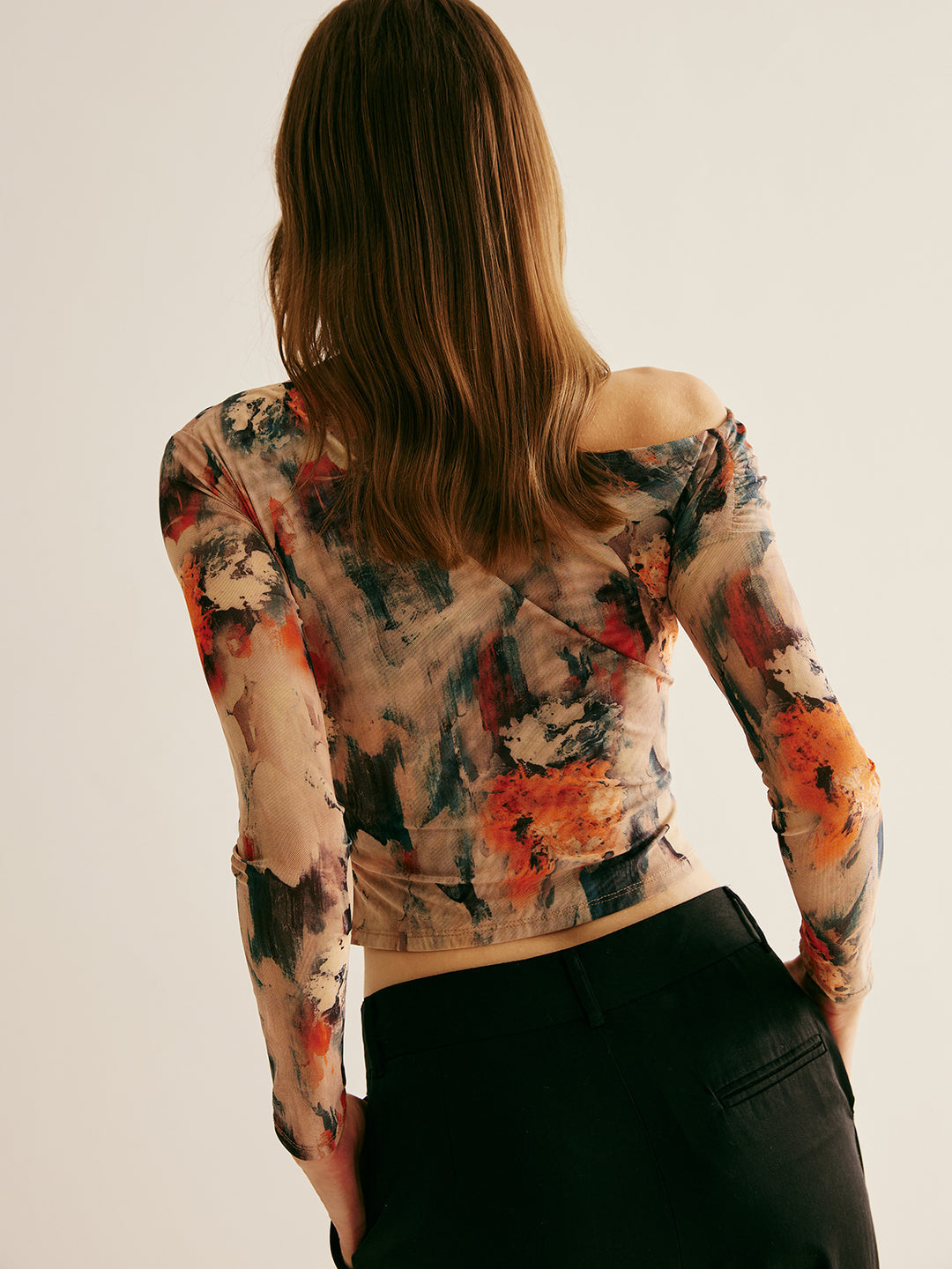 Off-the-shoulder abstract pattern mesh top