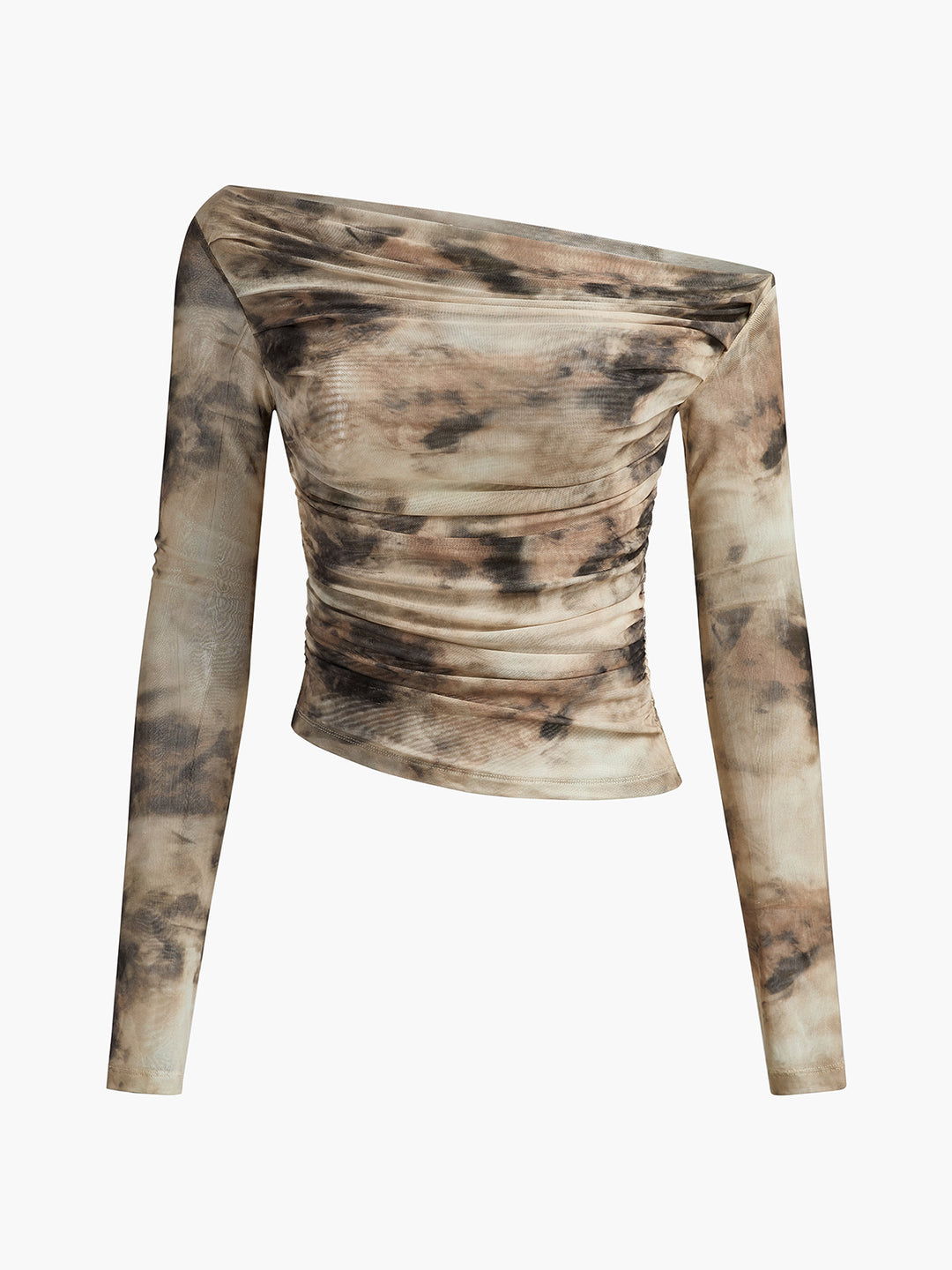 Brown tie-dye off-the-shoulder long-sleeved top