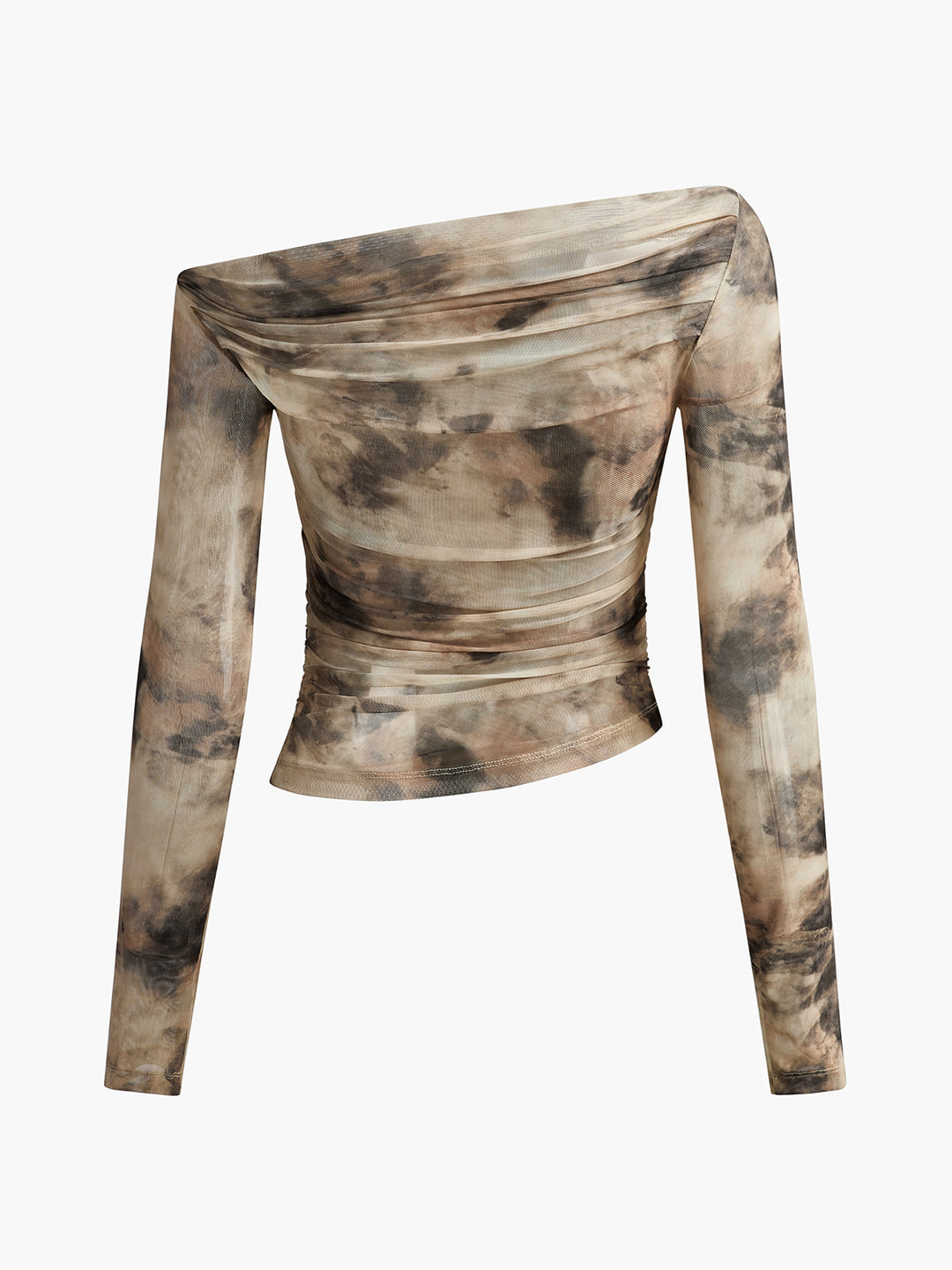 Brown tie-dye off-the-shoulder long-sleeved top