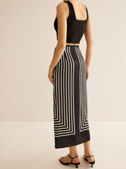 Long wrap skirt with geometric stripe print