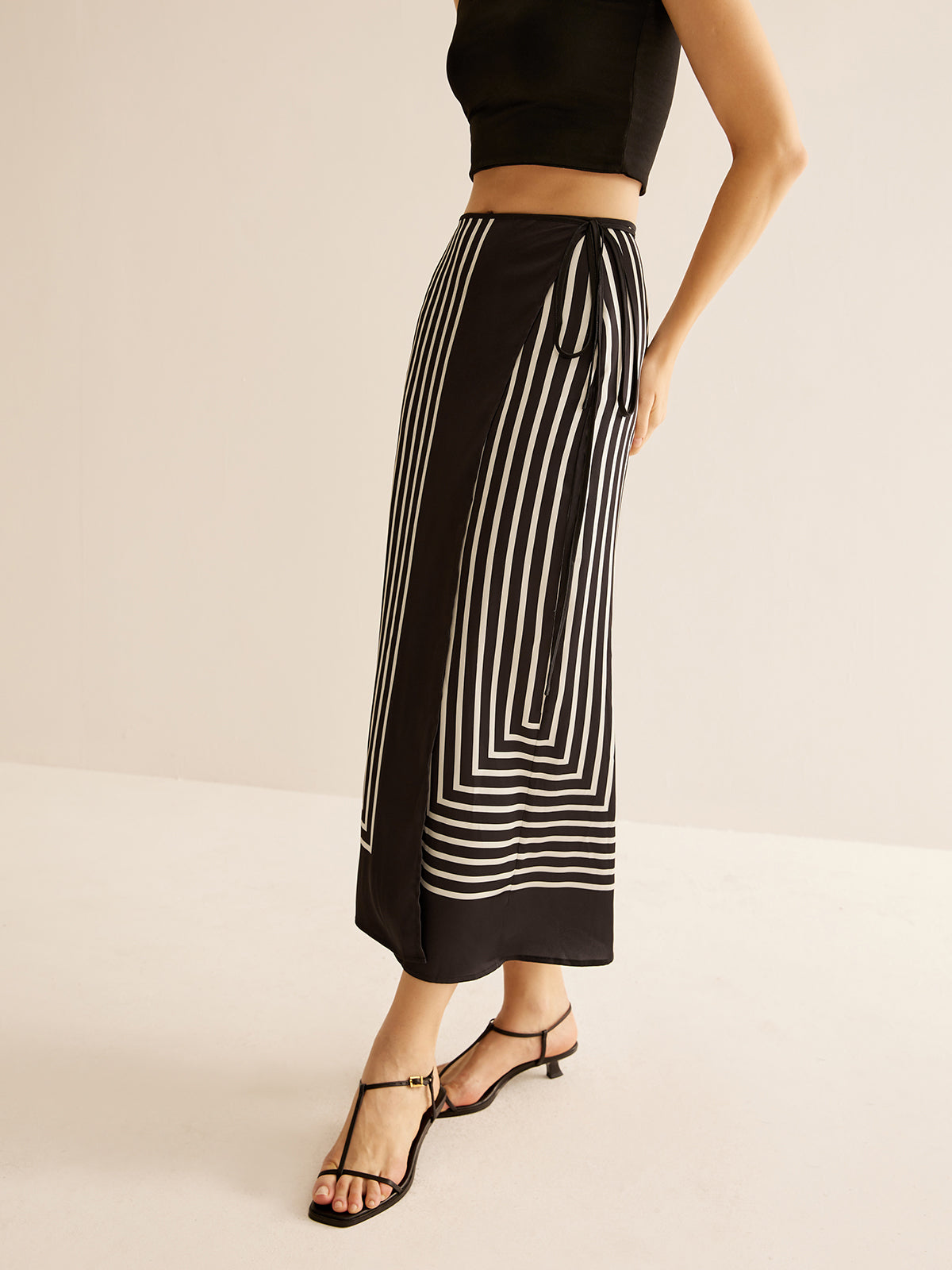 Long wrap skirt with geometric stripe print