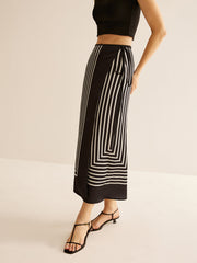 Long wrap skirt with geometric stripe print