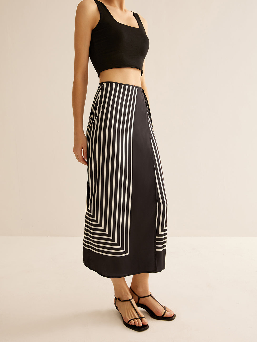 Long wrap skirt with geometric stripe print