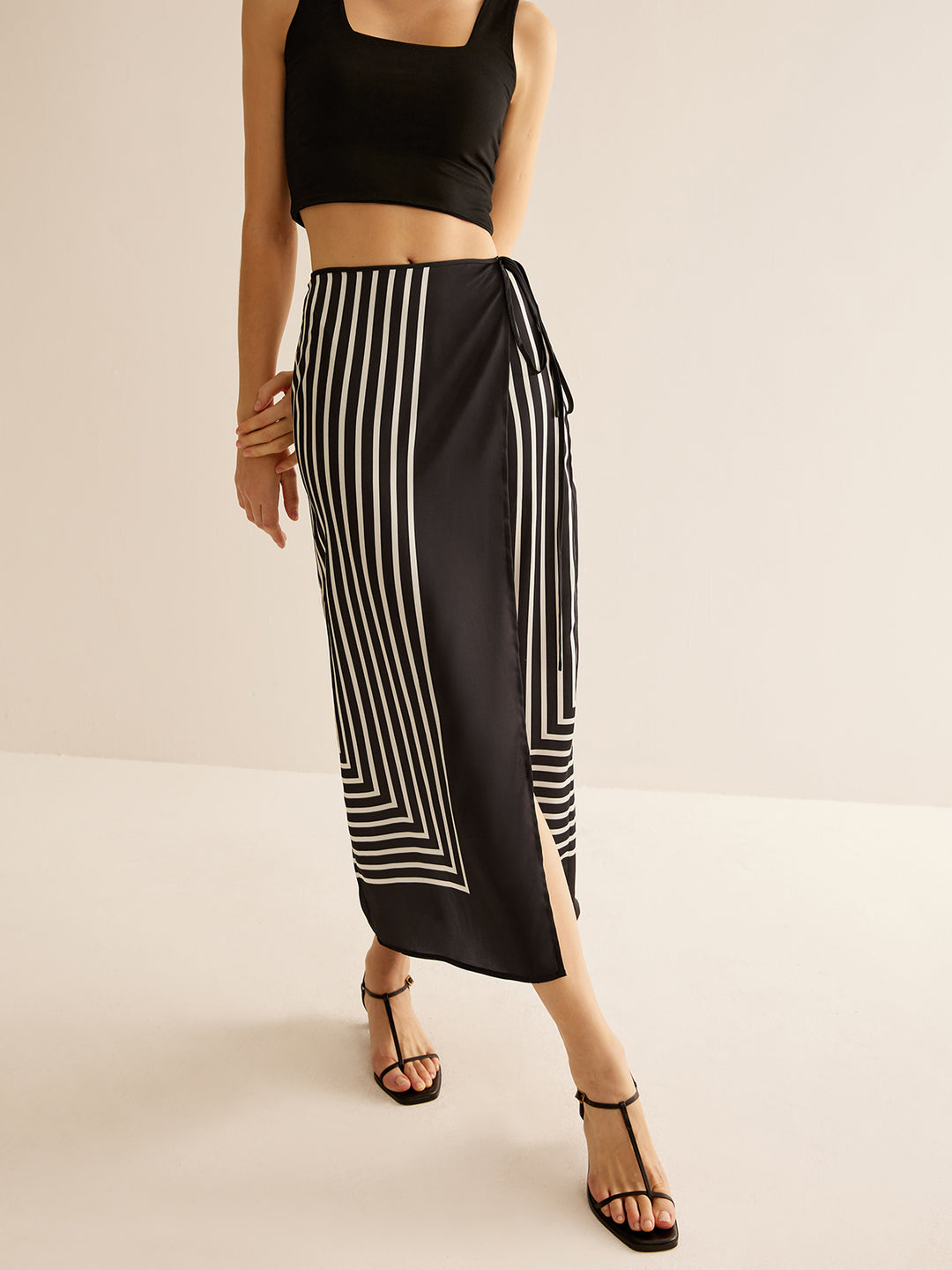 Long wrap skirt with geometric stripe print